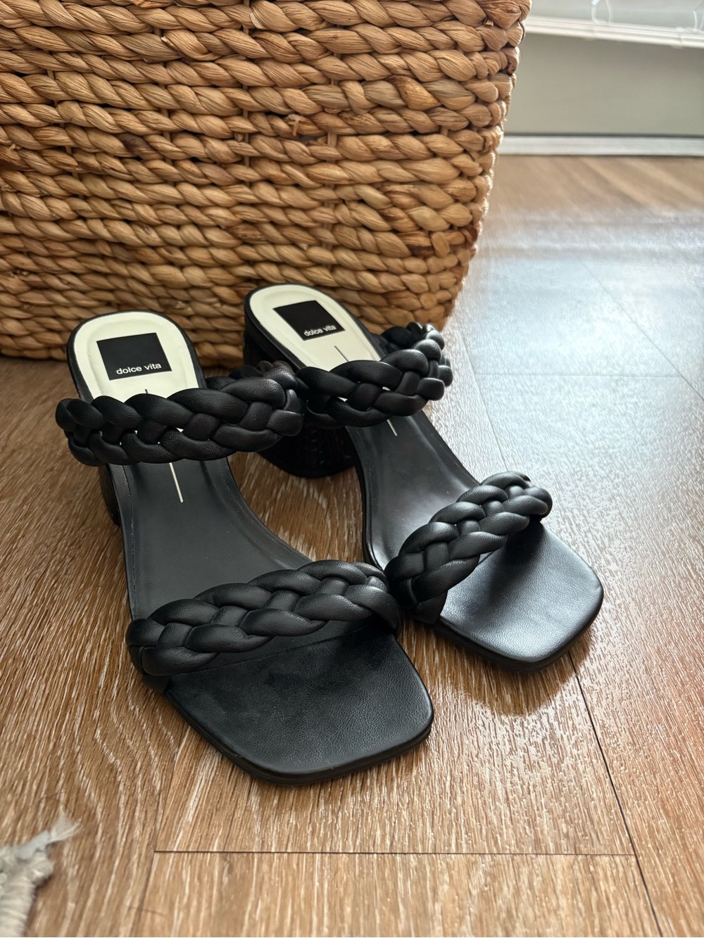 Dolce Vita Black Braided Double-Strap Block Heel Sandals